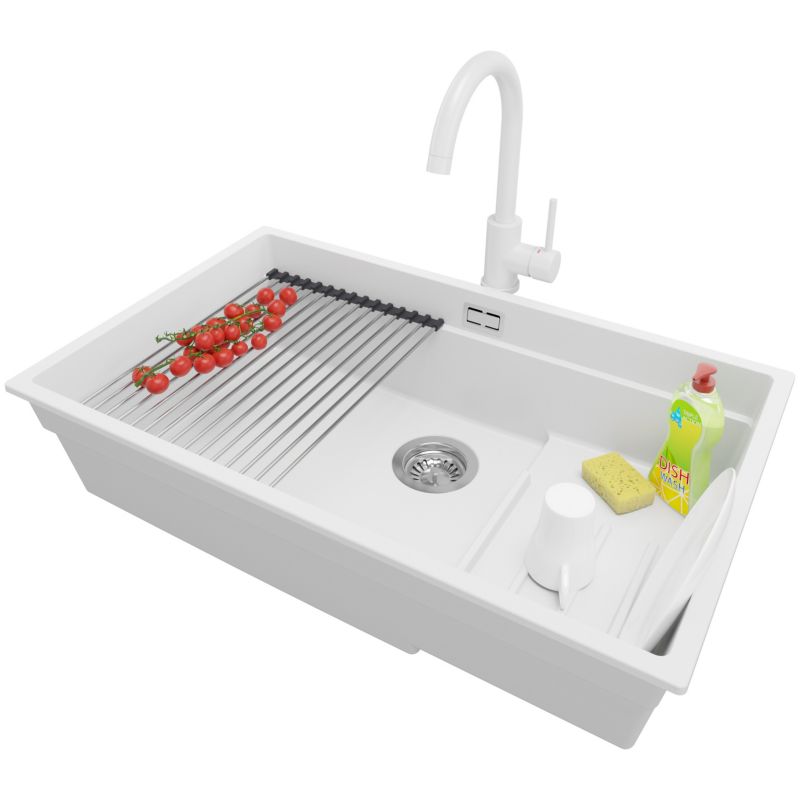 Zlewozmywak podblatowy Praga Step Level PRIMAGRAN 76x47cm do Szafki od 80cm, Biały + Bateria + Syfon + Akcesorium, S609, 1 szt.
