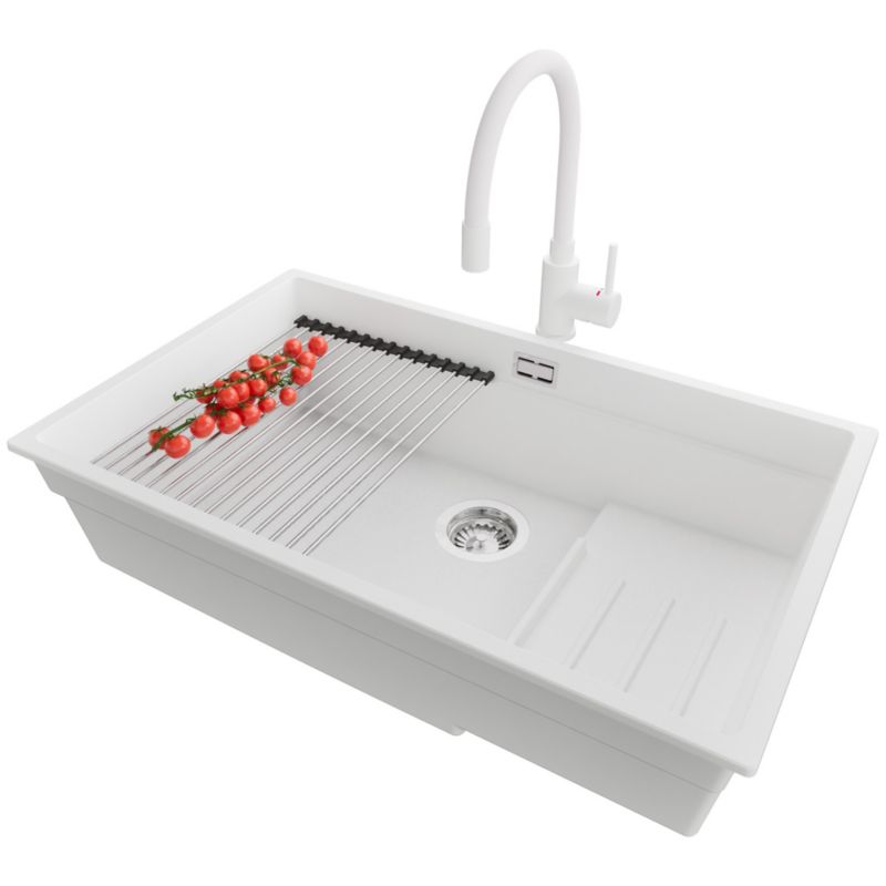 Zlewozmywak Granitowy Praga Step Level Slim PRIMAGRAN Nablatowy 76x47cm, Biały + Bateria + Syfon + Akcesorium, S615, 1 szt.