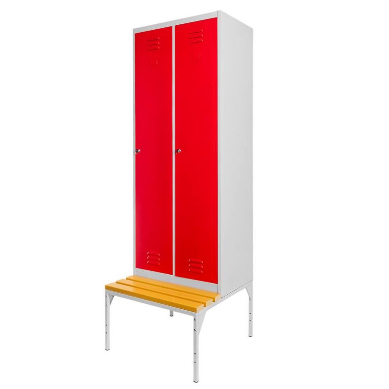 Szafa Mega-M J-60 ubraniowa BHP socjalna metalowa z ławeczką 2-drzwiowa szara/czerwony front 60x80x223 cm skręcana 1szt.