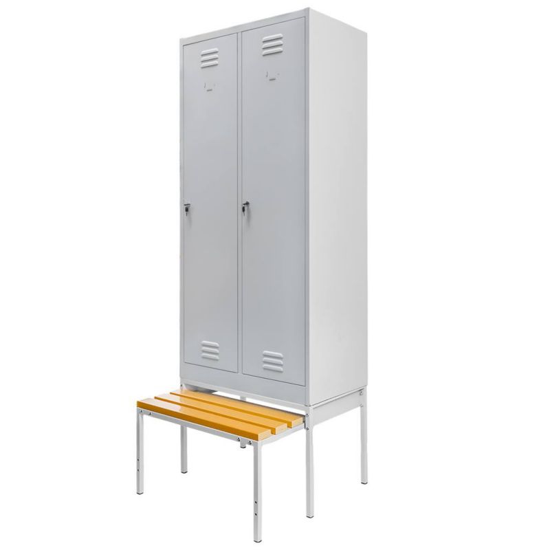 Szafa Mega-M socjalna ubraniowa BHP J-80 na podstawie z wysuwaną ławeczką 2-drzwiowa szara 80x80x223 cm skręcana 1szt.