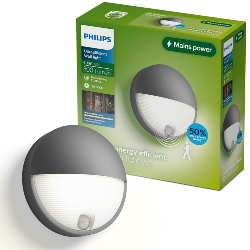Kinkiet Ogrodowy Capricorn Philips Lampa Zewnętrzna Elewacyjna 4.3W 800lm 2700K IP44 Antracyt z Czujnikiem Ruchu 1 szt.