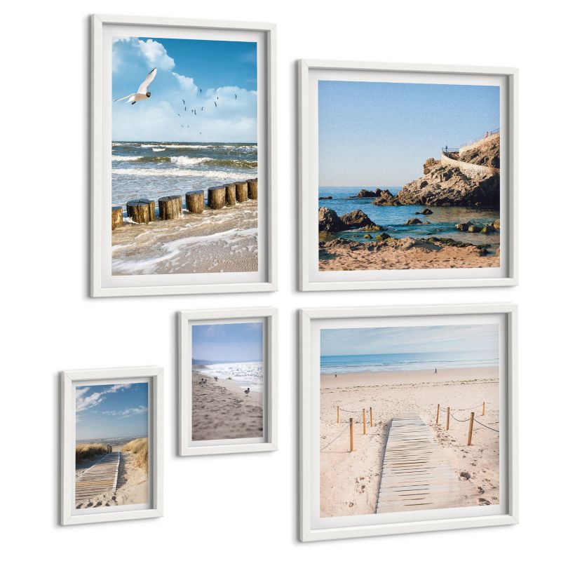 Zestaw 5 Obrazów ArtPrintCave (2x50x50+2x20x30+40x60cm) Biała rama Plaża piasek fale niebo ptaki 1 kpl.