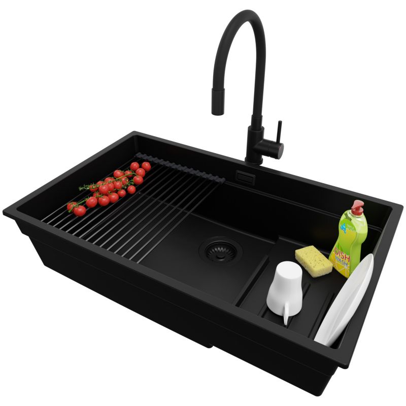 Zlewozmywak podblatowy Praga Step Level PRIMAGRAN 76x47cm, Cały Czarny + Bateria + Syfon + Akcesorium, S620, 1 szt.