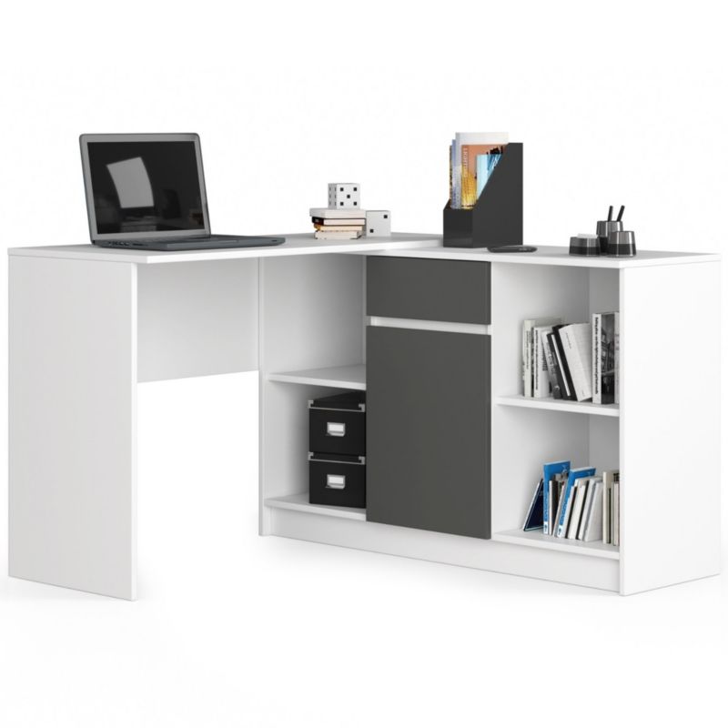 Biurko narożne Akord B17 Białe 120 cm Zestaw z komodą 1 drzwi 1 szuflada kolor Grafit Szary mat 6 półek 120x126x79 cm 1 szt.