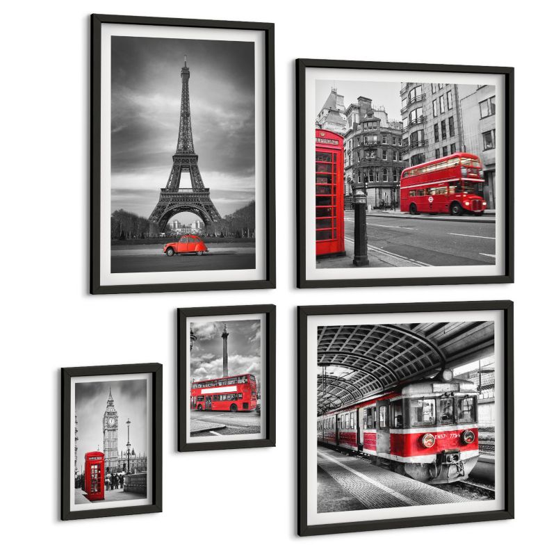 Komplet 5 Obrazów ArtPrintCave (2x50x50+2x20x30+40x60cm) Czarna rama Czerwone autobusy w mieście 1 kpl.