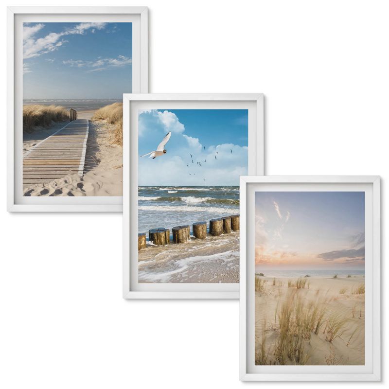 Zestaw Obrazów w Ramie Wallfluent Plaża piasek fale niebo ptaki Biała rama 40x60 cm 3 szt.