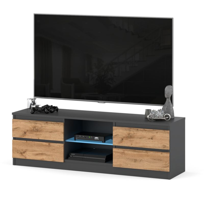 Komoda RTV Hurtownia-Mebli Szuflady 4 RTV Quattro 138 138cm Szary Mat Dąb Wotan 138x35x45 cm 1szt.
