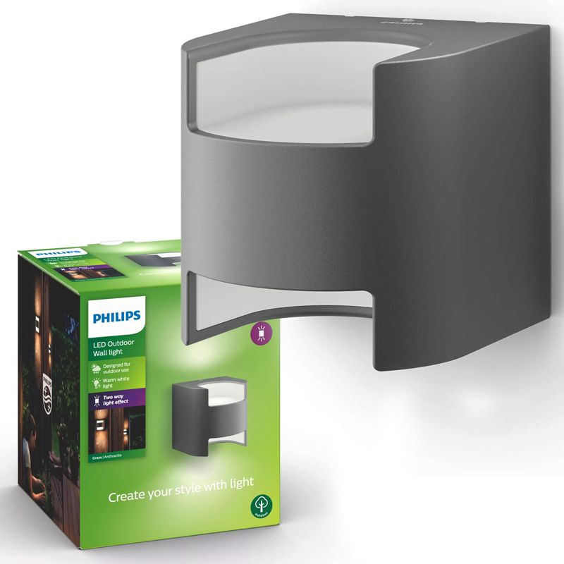 Kinkiet Ogrodowy Grass Philips Lampa Elewacyjna Zewnętrzna LED 9W 800lm 2700K IP44 Antracyt 1 szt.
