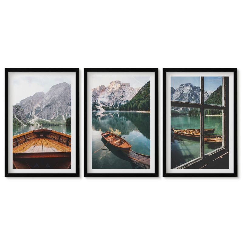 Komplet obrazów czarna rama Tulup 40x60 cm Górskie jezioro łodzie okno Galeria ścienna 1 kpl