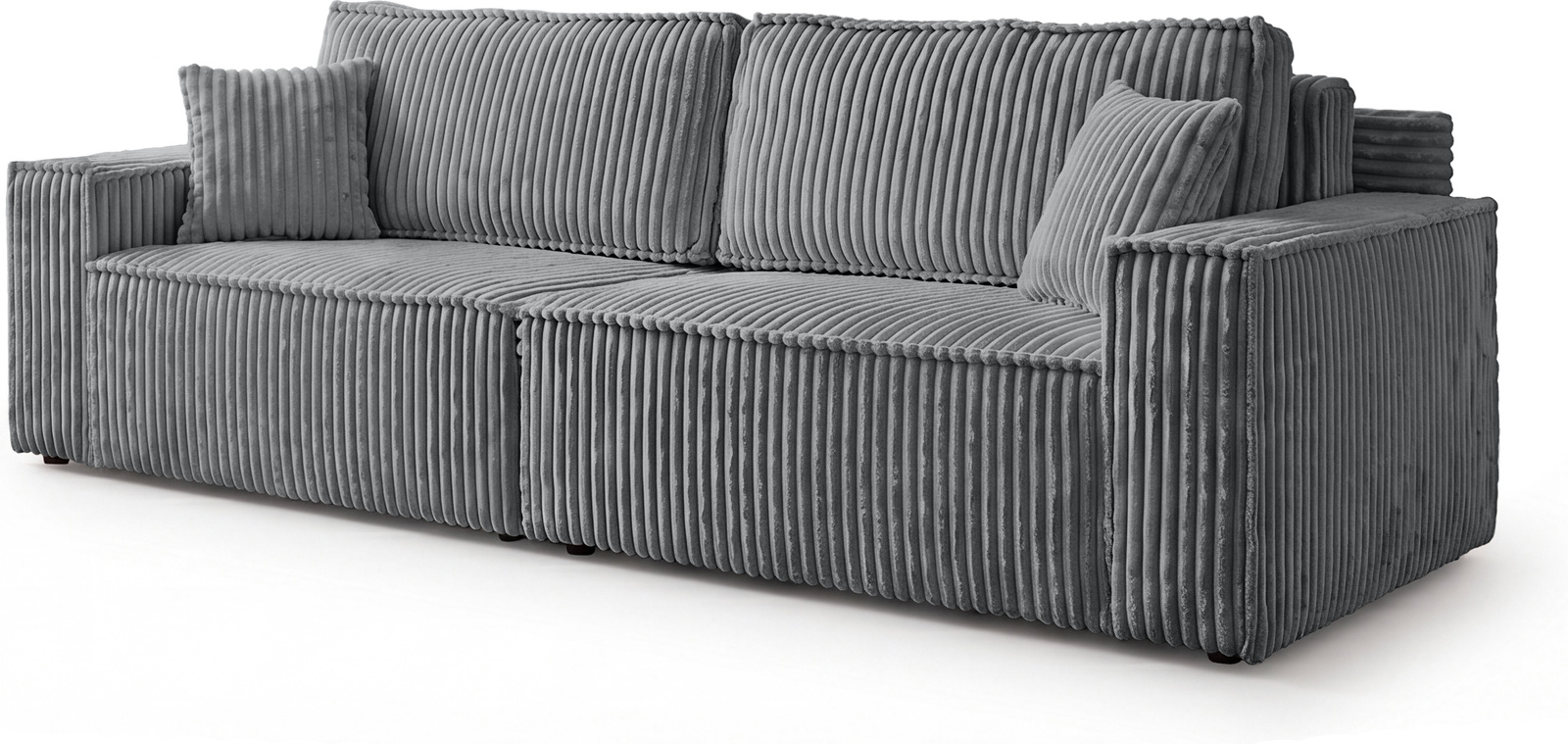 Szara sofa rozkładana z funkcją spania i pojemnikiem na pościel BELIO