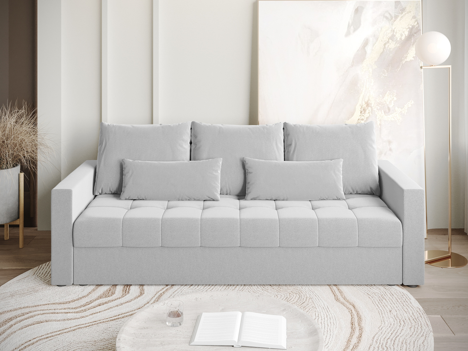 Szara sofa trzyosobowa z funkcją spania HOT pojemnik na pościel