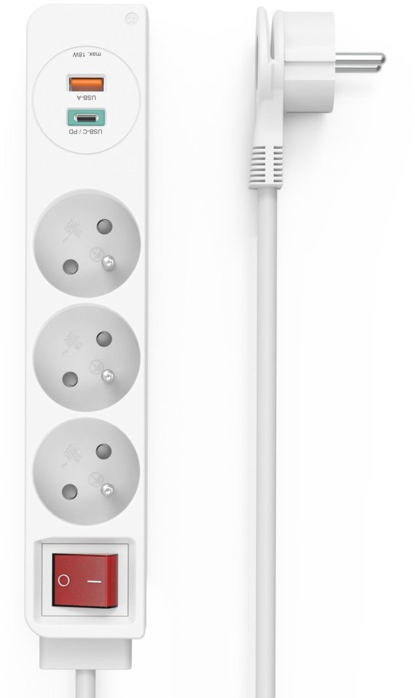 Listwa zasilająca Hama, 1.4m, 3 gniazda + szybka ładowarka 1xUSB-A/1x USB-C, biały
