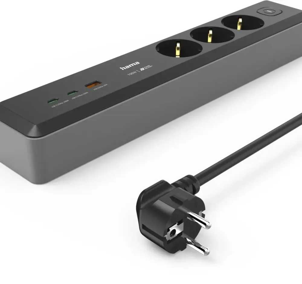 Listwa zasilająca Hama, 1.4m, 3 gniazda Schuko + szybka ładowarka 1xUSB-A/2x USB-C, czarny
