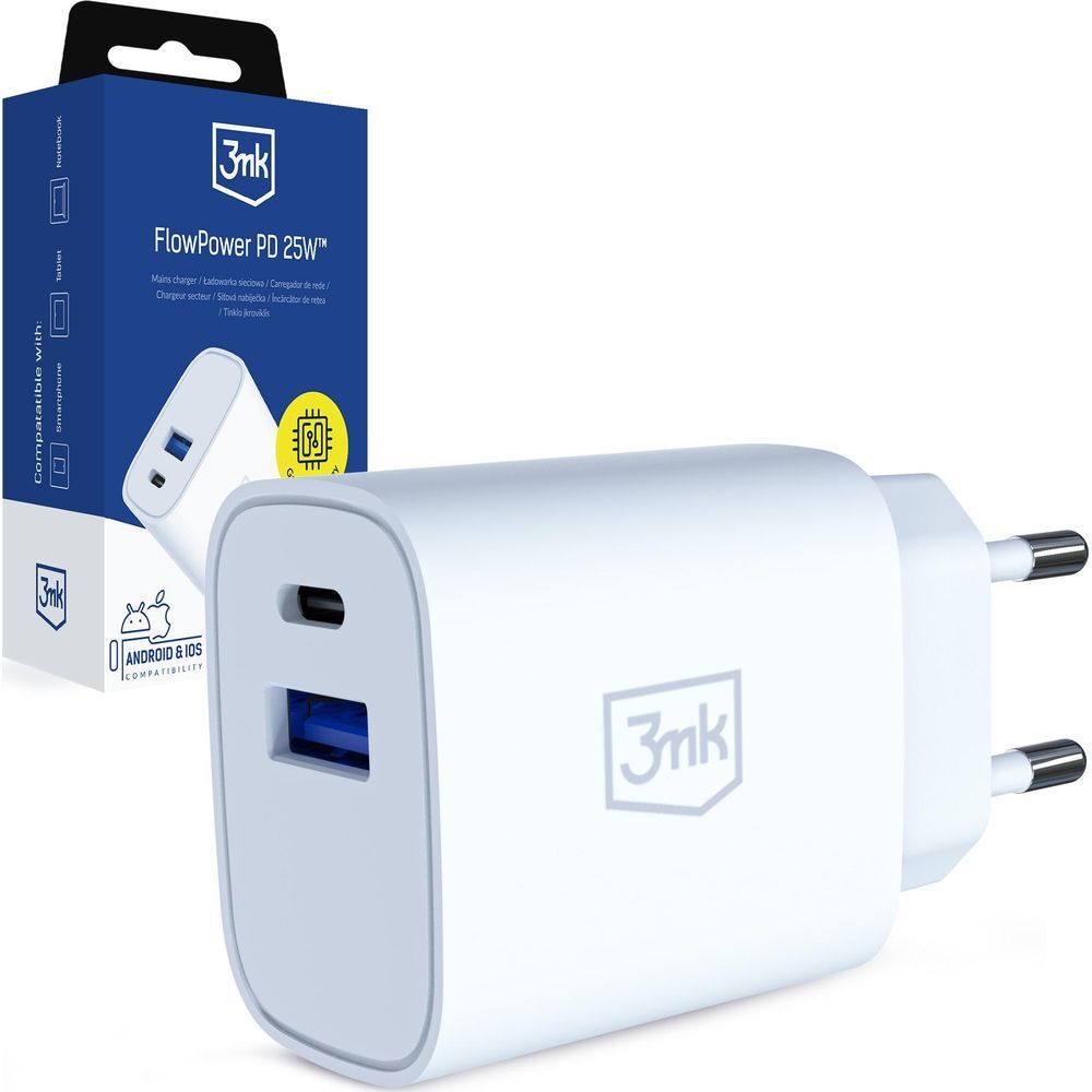 Ładowarka sieciowa 3mk FlowPower Hyper Charger PD 25W, USB-C/USB-A, biały