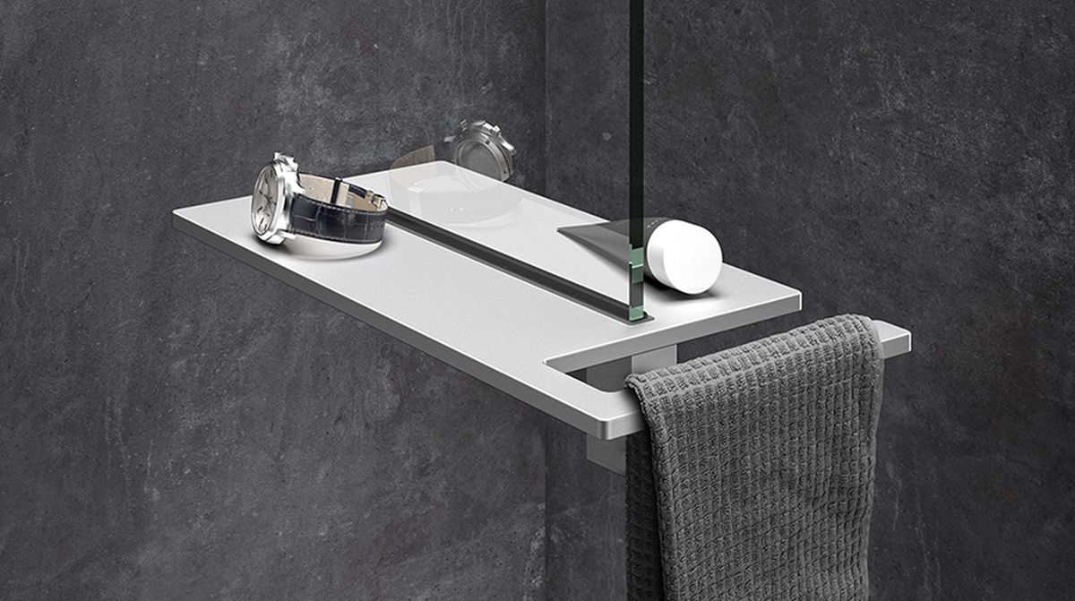 Hüppe Select+ Shower Board półka prysznicowa z uchwytem na ręcznik srebrny mat SL2401087