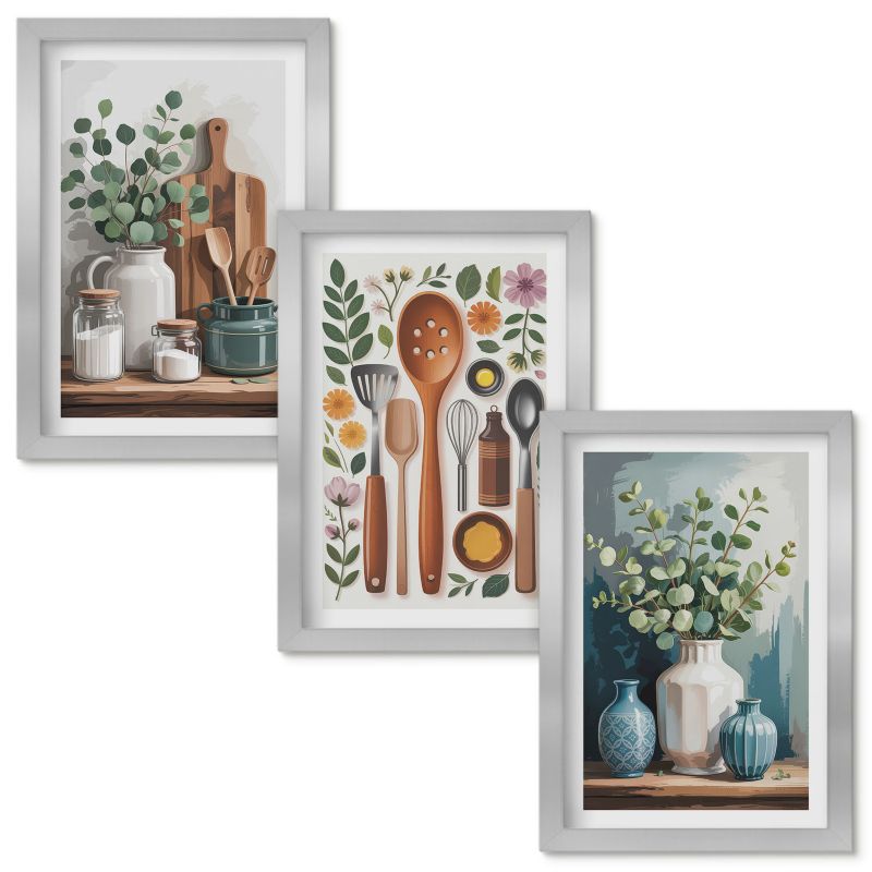 Set Obrazów w Ramie Wallfluent Kuchenne roślinne akcesoria Srebrna rama 20x30cm 3 szt.