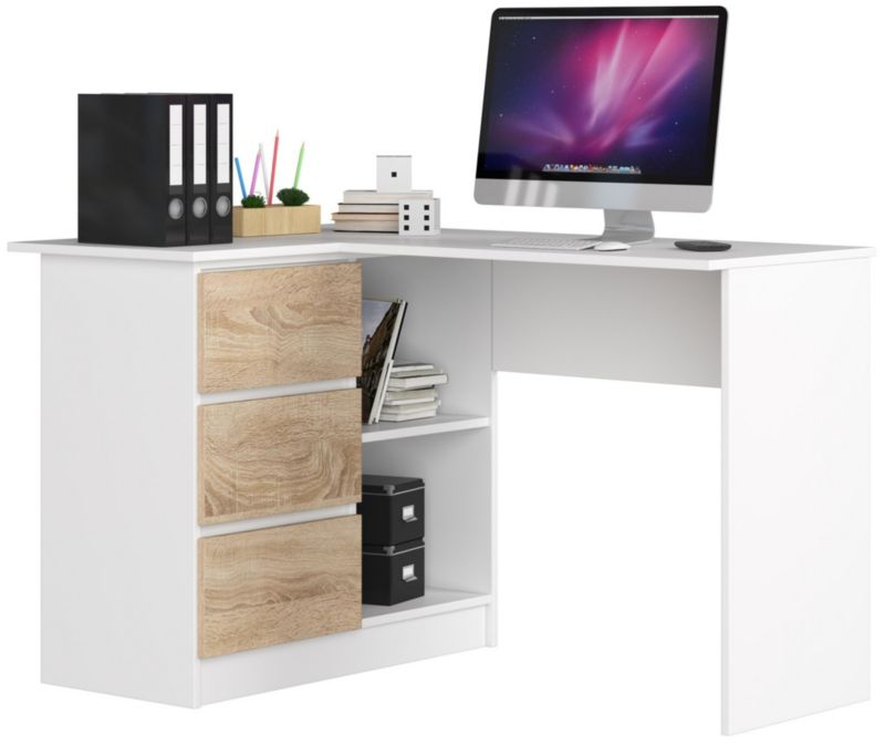 Biurko narożne Akord B16 Białe 124 cm lewe 3 szuflady kolor Dąb Sonoma mat 2 półki 124x85x77 cm 1 szt.