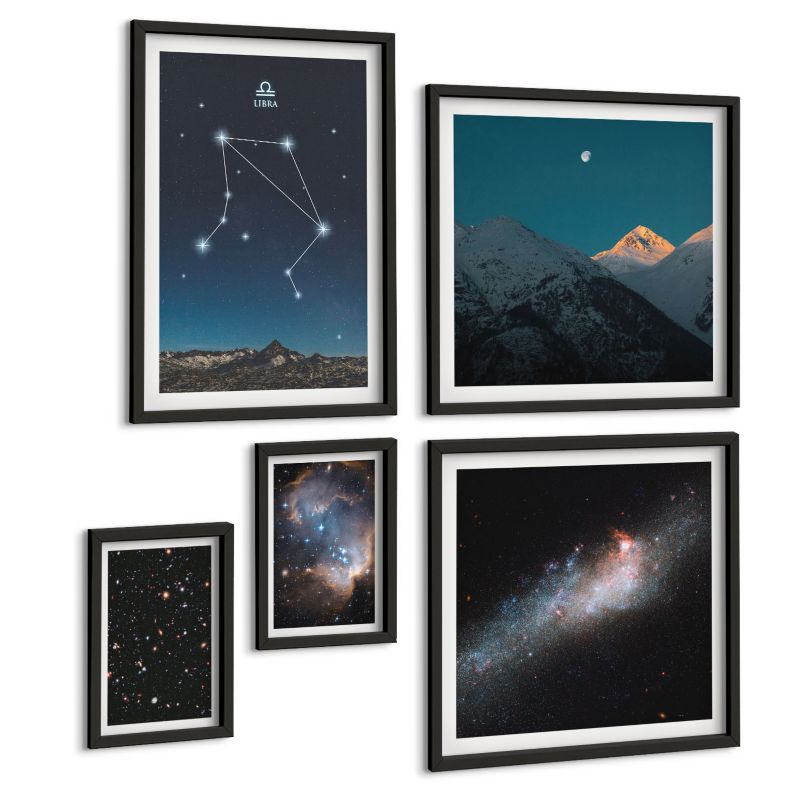 Pięcioczęściowy Zestaw Obrazów ArtPrintCave (2x50x50+2x20x30+40x60cm) Czarna rama Kosmos galaktyka Waga nocne niebo 1 kpl.