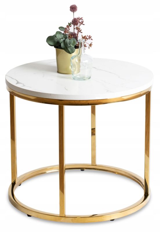 Stolik Mebel Elite CLIFF Kawowy Okrągły Ława Okrągła Biały Marmur Złoty Glamour 1 szt
