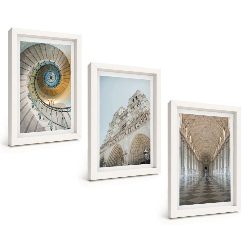 Komplet 3 Obrazów w Białej Ramie ArtPrintCave 20x30 cm Grafika Ścienna Schody spiralne katedry fasada 1 kpl.