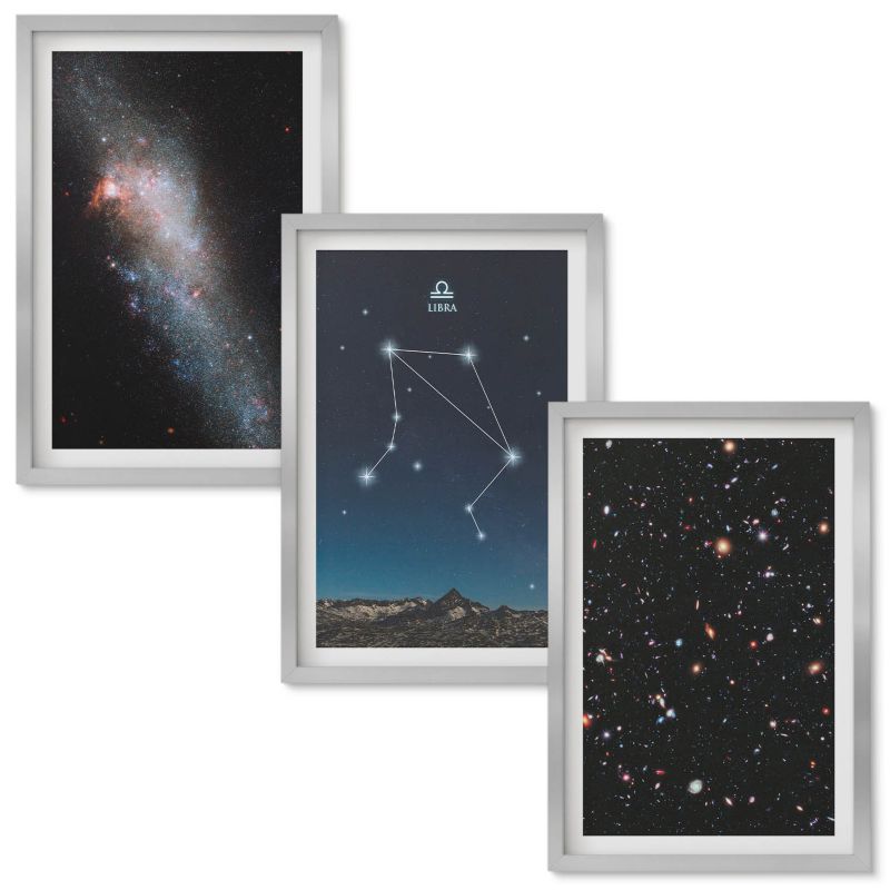 Set Obrazów w Ramie Wallfluent Kosmos galaktyka Waga niebo Srebrna rama 40x60 cm 3 szt.