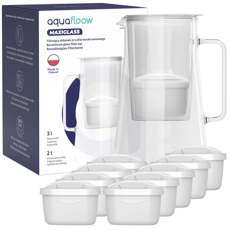Dzbanek filtrujący wodę, AquaFloow MaxiGlass, szklany, szkło borokrzemowe, 3L, biały + 10x filtr wody, zestaw, 1szt.