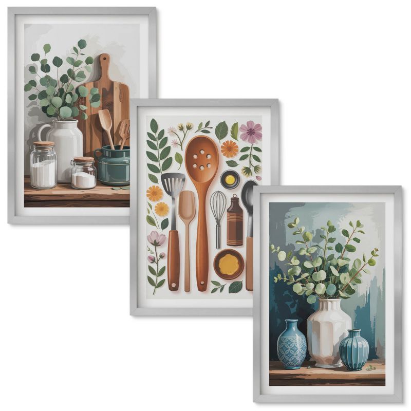 Set Obrazów w Ramie Wallfluent Kuchenne roślinne akcesoria Srebrna rama 40x60 cm 3 szt.