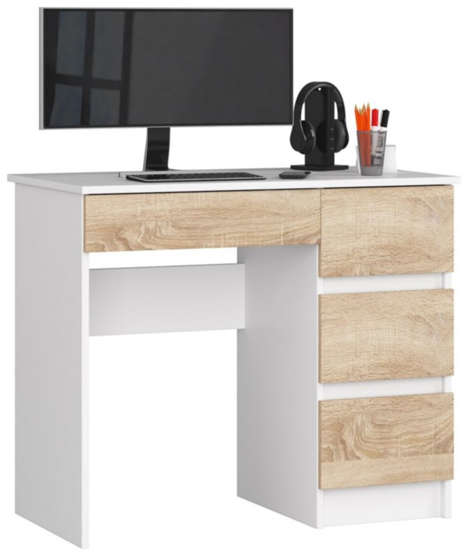 Biurko komputerowe Akord A7 Białe 90 cm prawe 4 szuflady kolor Dąb Sonoma mat 90x50x77 cm 1 szt.