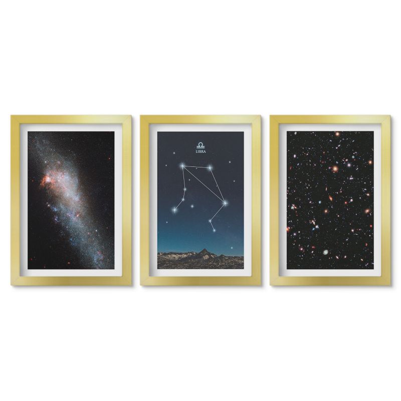 Zestaw 3 obrazów w złotych ramach Tulup 20x30 cm Kosmos galaktyka Waga niebo Obrazy nad biurko zestaw złota rama 1 kpl