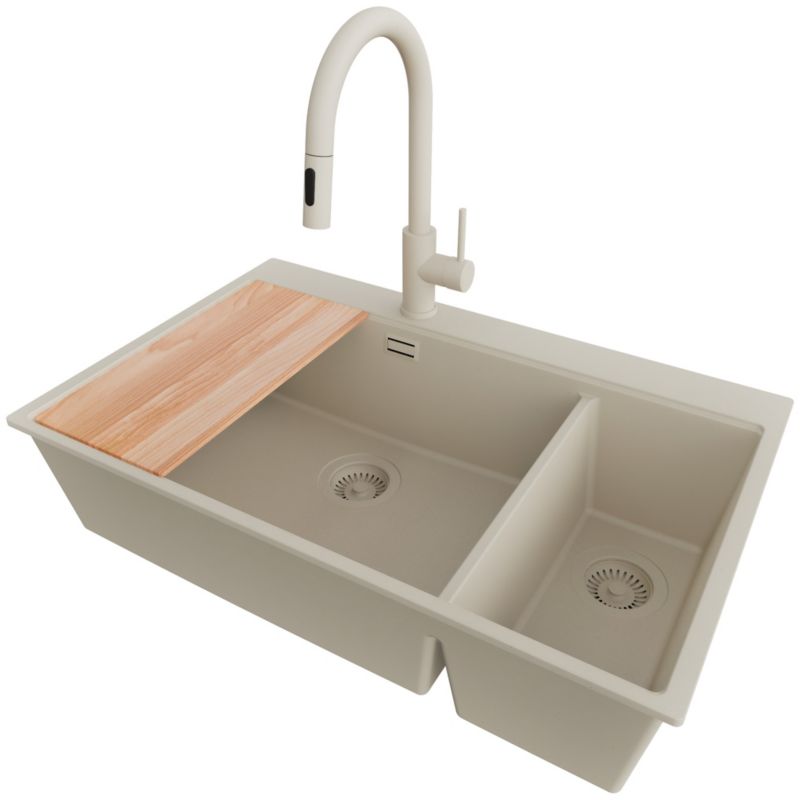 Zlewozmywak Granitowy Oslo Duo Top PRIMAGRAN Nablatowy 78x50cm, Cały Beżowy + Bateria + Syfon + Akcesorium, S098, 1 szt.