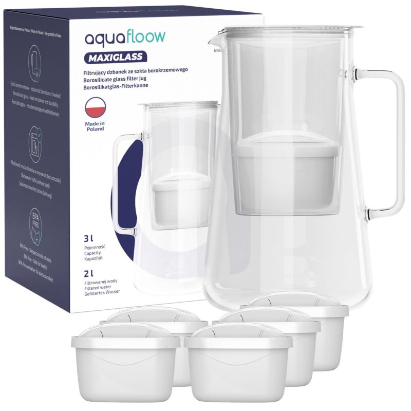 Dzbanek filtrujący wodę, AquaFloow MaxiGlass, szklany, szkło borokrzemowe, 3L, biały + 6x filtr wody, zestaw, 1szt.