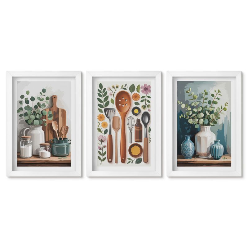 Zestaw 3 obrazów w białych ramach Tulup 20x30 cm Kuchenne roślinne akcesoria Stylowa galeria nad biurko 1 kpl