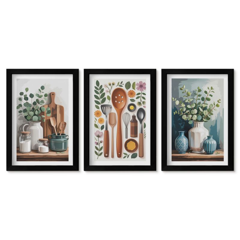 Zestaw 3 obrazów w czarnych ramach Tulup 20x30 cm Kuchenne roślinne akcesoria Stylowa galeria nad biurko 1 kpl