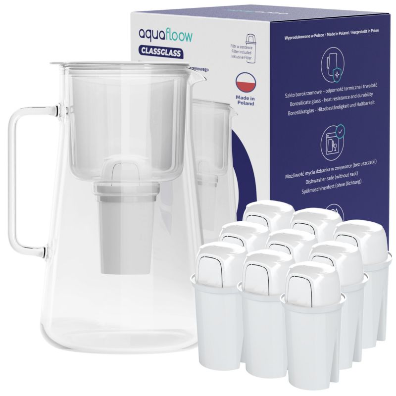 Dzbanek filtrujący, AquaFloow ClassGlass, szklany, szkło borokrzemowe, BPA Free, 3L, biały + 10x filtr do wody, zestaw, 1szt