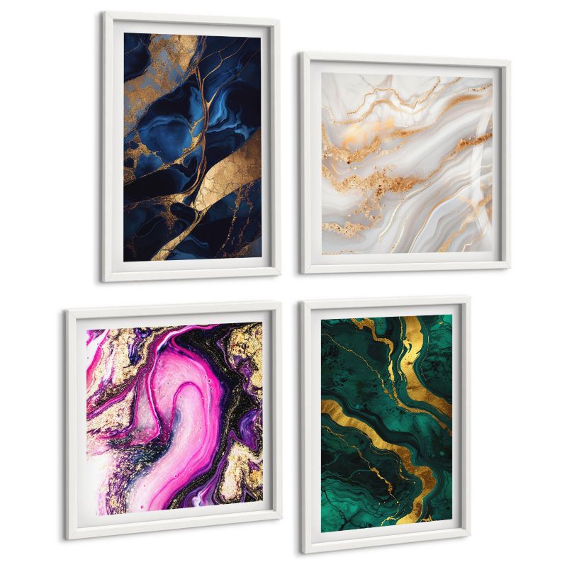 Zestaw Obrazów 4 Częściowy ArtPrintCave (2x50x50+2x40x60cm) Biała rama Abstrakcyjny marmur z farbami 1 kpl.