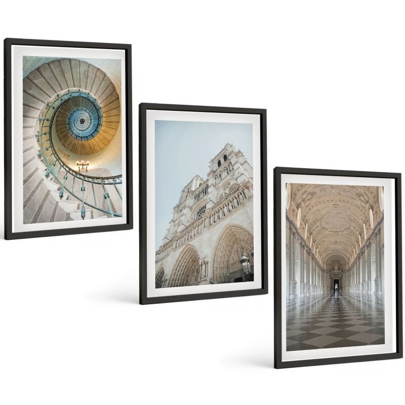 Komplet 3 Obrazów w Czarnej Ramie ArtPrintCave 40x60 cm Grafika Ścienna Schody spiralne katedry fasada 1 kpl.