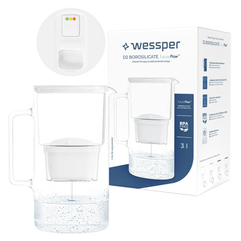 Dzbanek filtrujący do wody 3l, Wessper, z licznikiem LED, szklany, biały + 1x filtr wody, 2szt