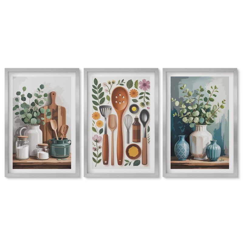 Zestaw 3 obrazów w srebrnych ramach Tulup 40x60 cm Kuchenne roślinne akcesoria Stylowa galeria nad biurko 1 kpl