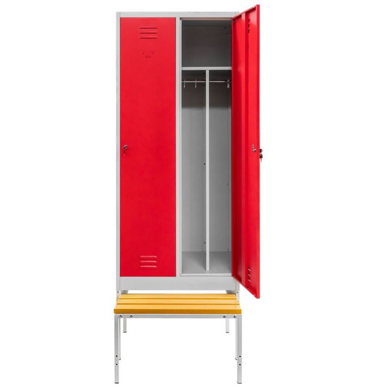 Szafa Mega-M ubraniowa BHP socjalna metalowa z ławeczką 2-drzwiowa przegrody czerwony front 80x80x223 cm skręcana 1szt.