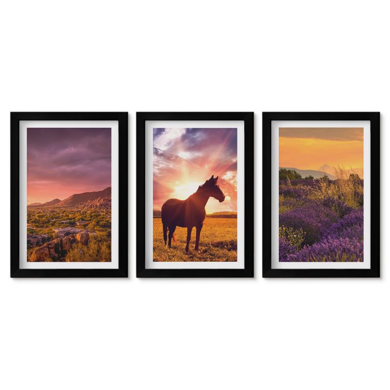 Zestaw 3 obrazów w czarnych ramach Tulup 20x30 cm Krajobraz górski z koniem Małe obrazy do kuchni w ramie 1 kpl