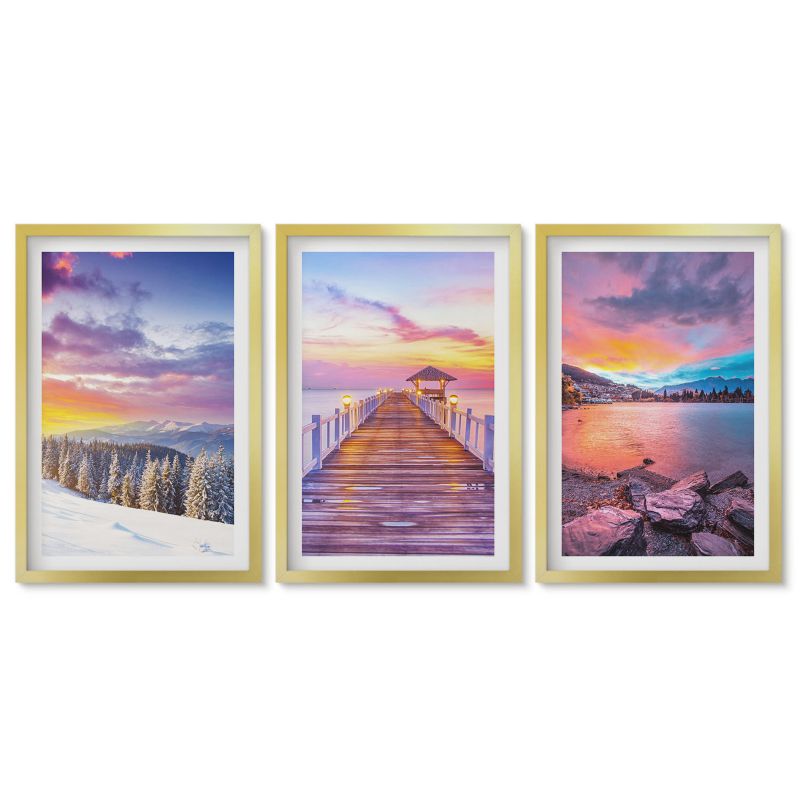 Zestaw 3 obrazów w złotych ramach Tulup 40x60 cm Zimowy krajobraz górski jezioro Obrazy do kuchni w ramie 1 kpl