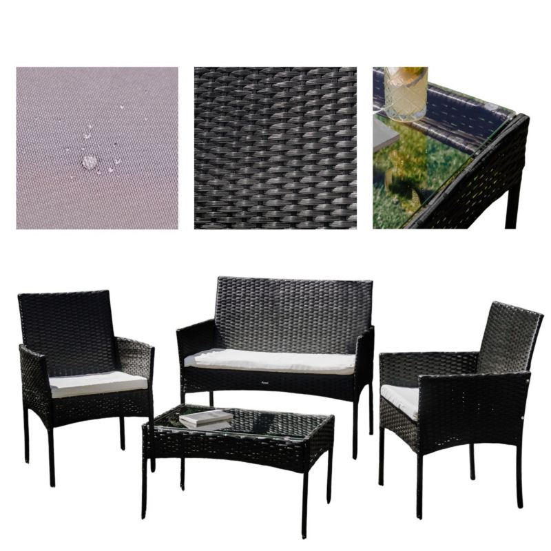 Zestaw mebli ogrodowych FERANI FIJI technorattan 4-osobowy z poduszkami fotele sofa stolik kawowy czarny/beż 1szt.