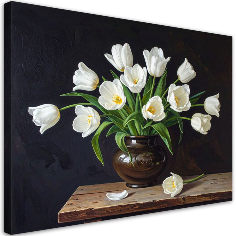 Obraz klasyczny do salonu sypialni biura Feeby Martwa natura białe tulipany 90x60cm 1szt