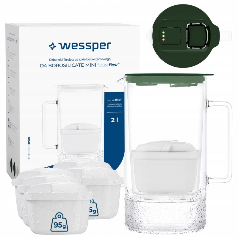 Dzbanek filtrujący wodę, Wessper D4 BOROSILICATE, szklany, licznik LED, 2 l, BPA Free, zestaw z 6 filtrami Aquamax, zielony, 7szt
