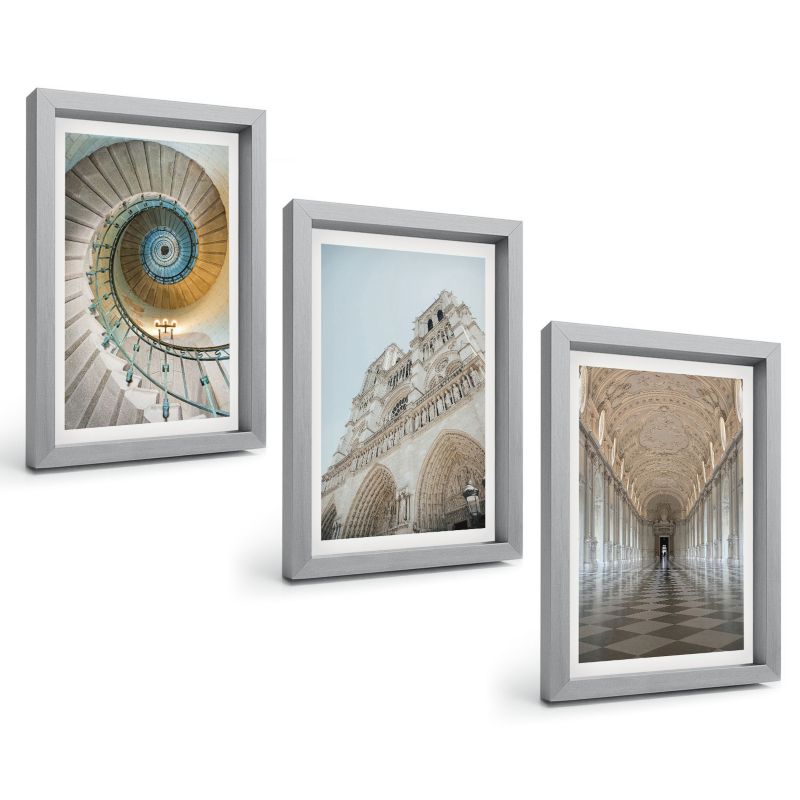 Komplet 3 Obrazów w Srebrnej Ramie ArtPrintCave 20x30 cm Grafika Ścienna Schody spiralne katedry fasada 1 kpl.