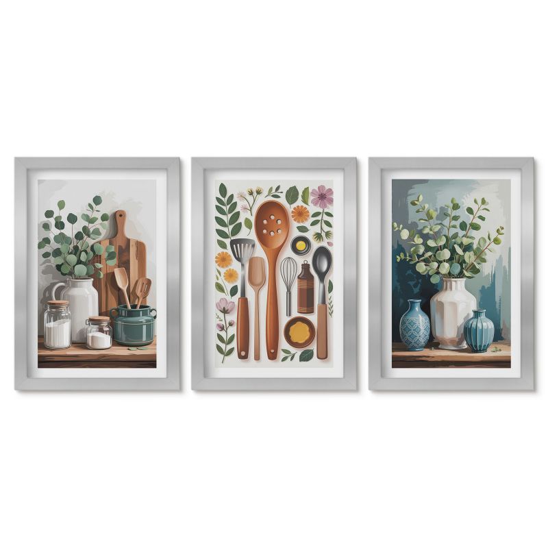 Zestaw 3 obrazów w srebrnych ramach Tulup 20x30 cm Kuchenne roślinne akcesoria Stylowa galeria nad biurko 1 kpl