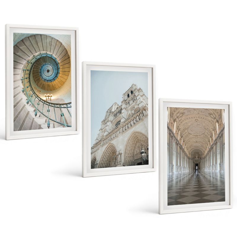 Komplet 3 Obrazów w Białej Ramie ArtPrintCave 40x60 cm Grafika Ścienna Schody spiralne katedry fasada 1 kpl.