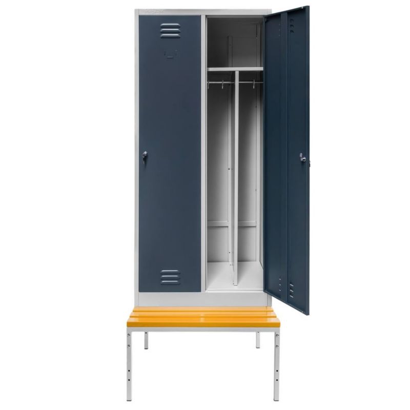 Szafa Mega-M J-80 ubraniowa BHP socjalna metalowa z ławeczką 2-drzwiowa przegrody grafitowy front 80x80x223 cm skręcana 1szt.