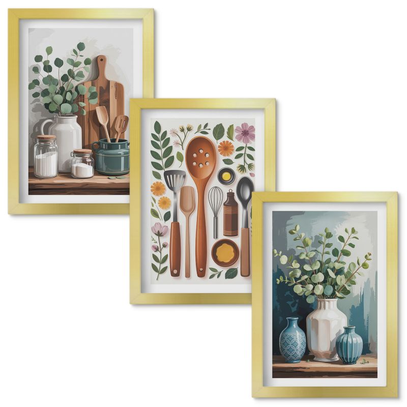 Set Obrazów w Ramie Wallfluent Kuchenne roślinne akcesoria Złota rama 20x30cm 3 szt.