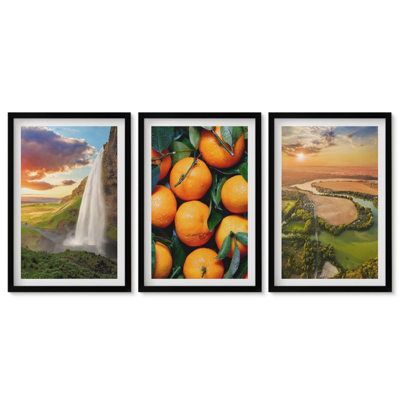 Zestaw 3 obrazów w czarnej ramie Tulup 40x60 cm Wodospad góry pomarańcze Obrazy w czarnej ramie 1 kpl